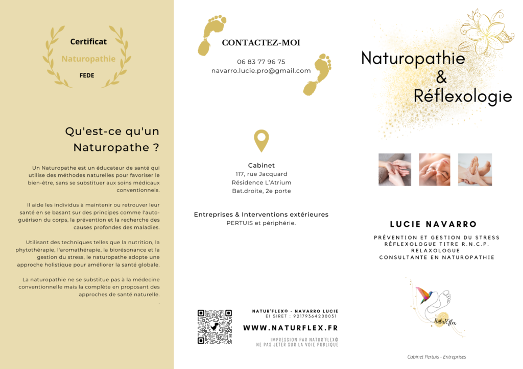 Flyer page 1 - Lucie NAVARRO Réflexologue RNCP Relaxologue Naturopathe, NatuR'flex® - PERTUIS